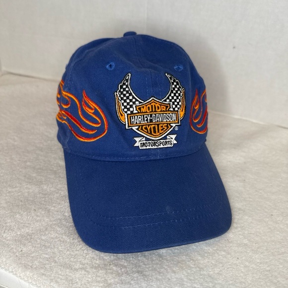 Harley Davidson‎ Flames Hat Cap Strap Back Adult Blue Motorcycle Biker - Picture 1 of 7